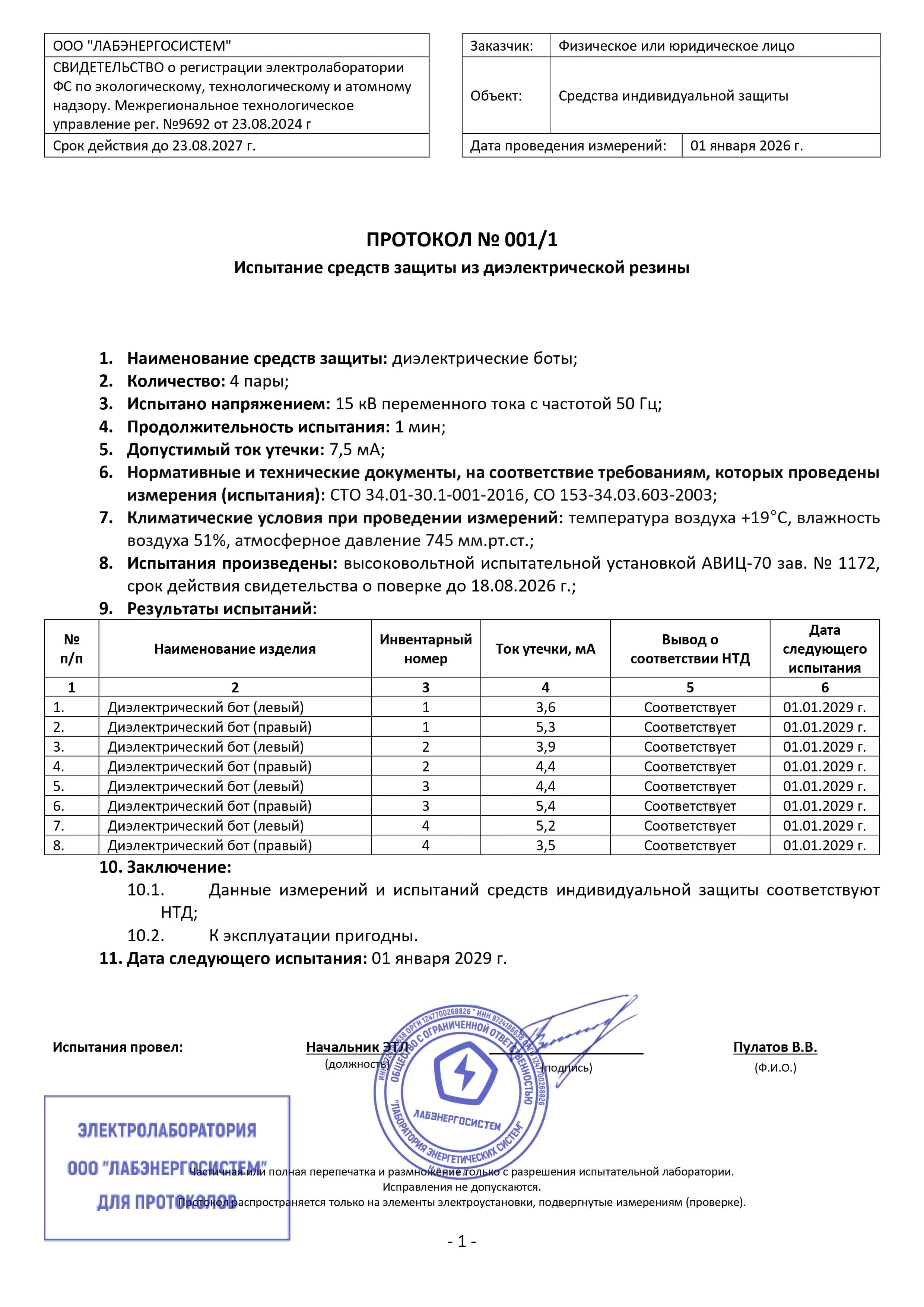 Протокол испытания диэлектрических бот