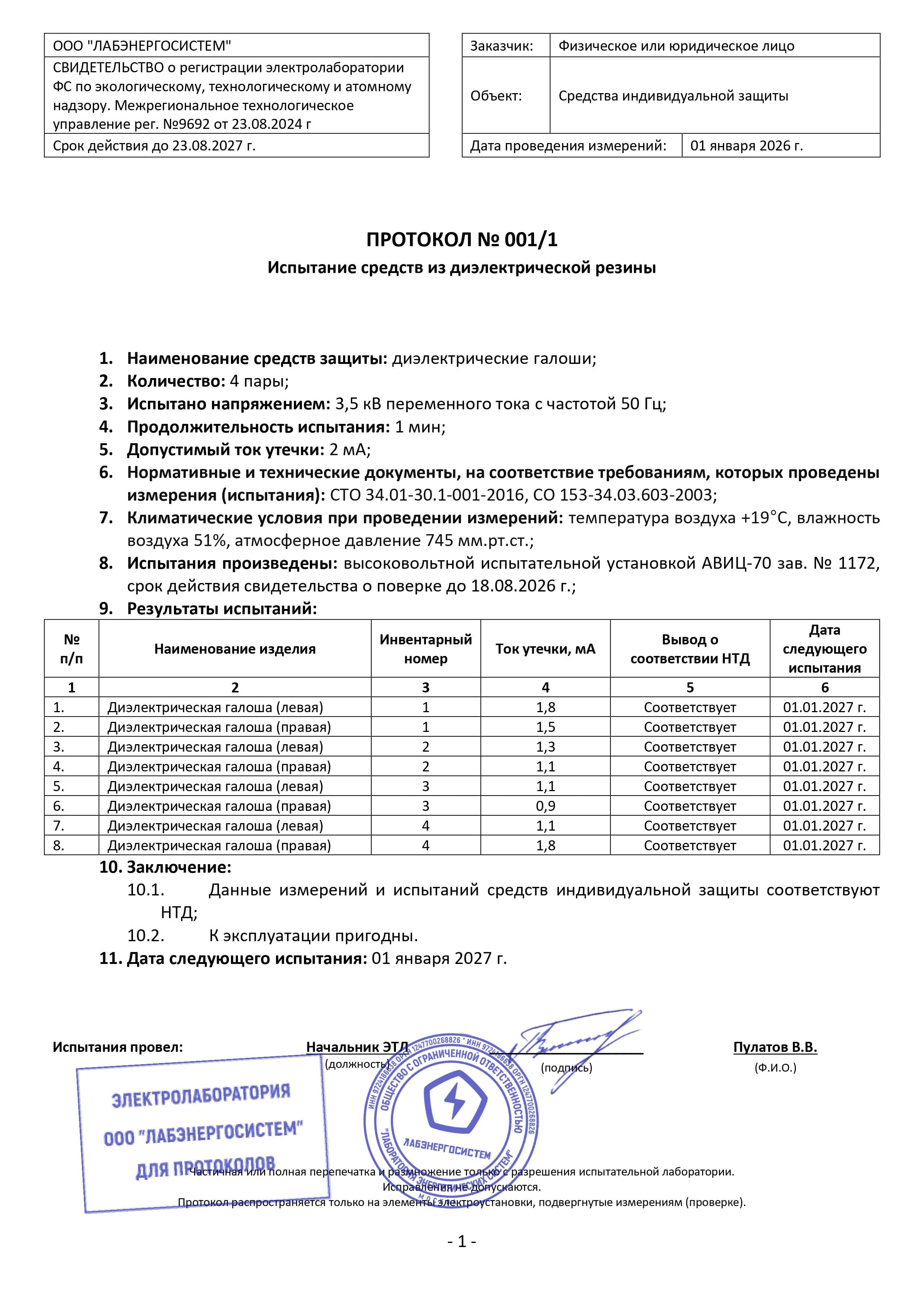 Протокол испытания диэлектрических галош