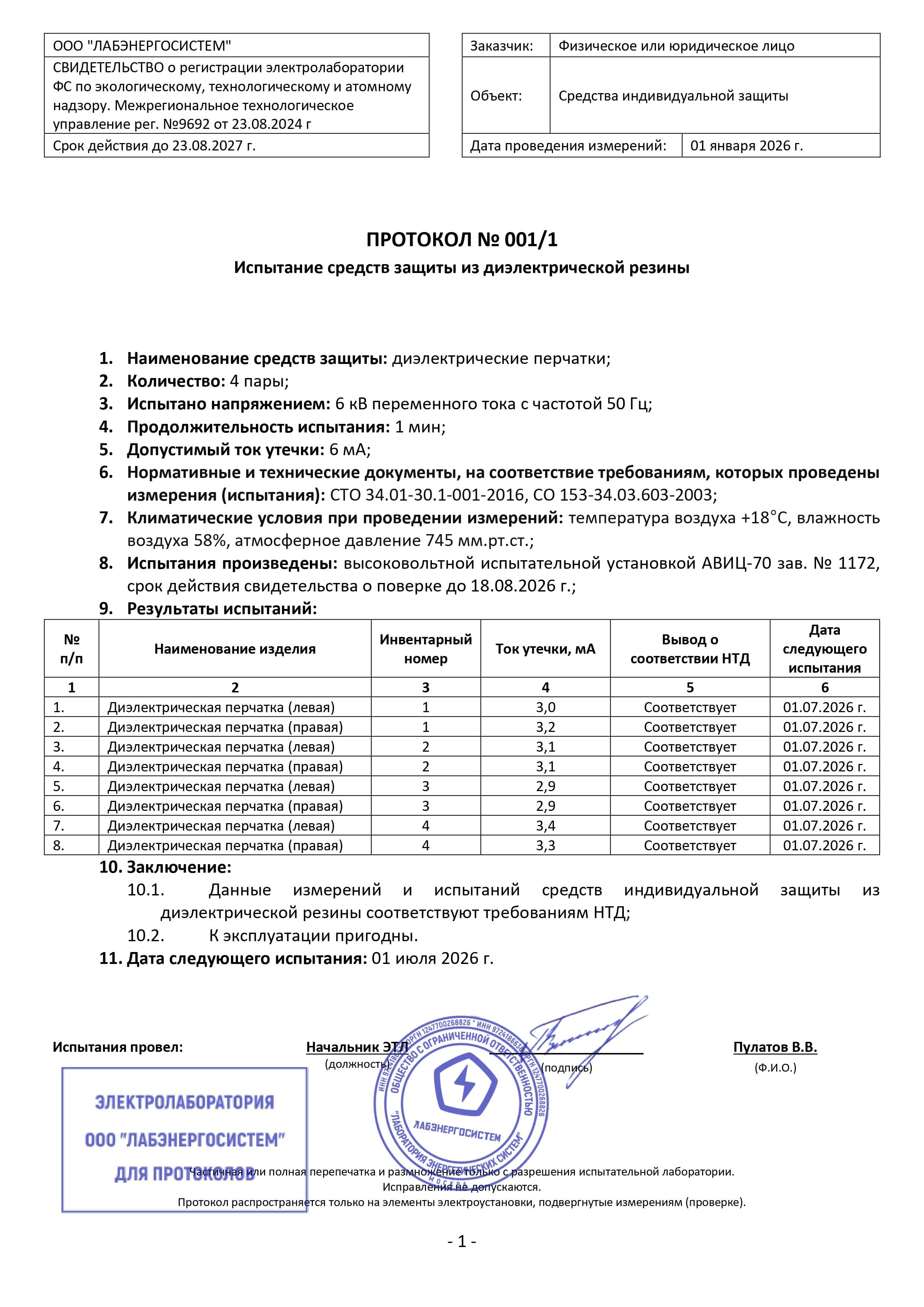Протокол испытания диэлектрических перчаток