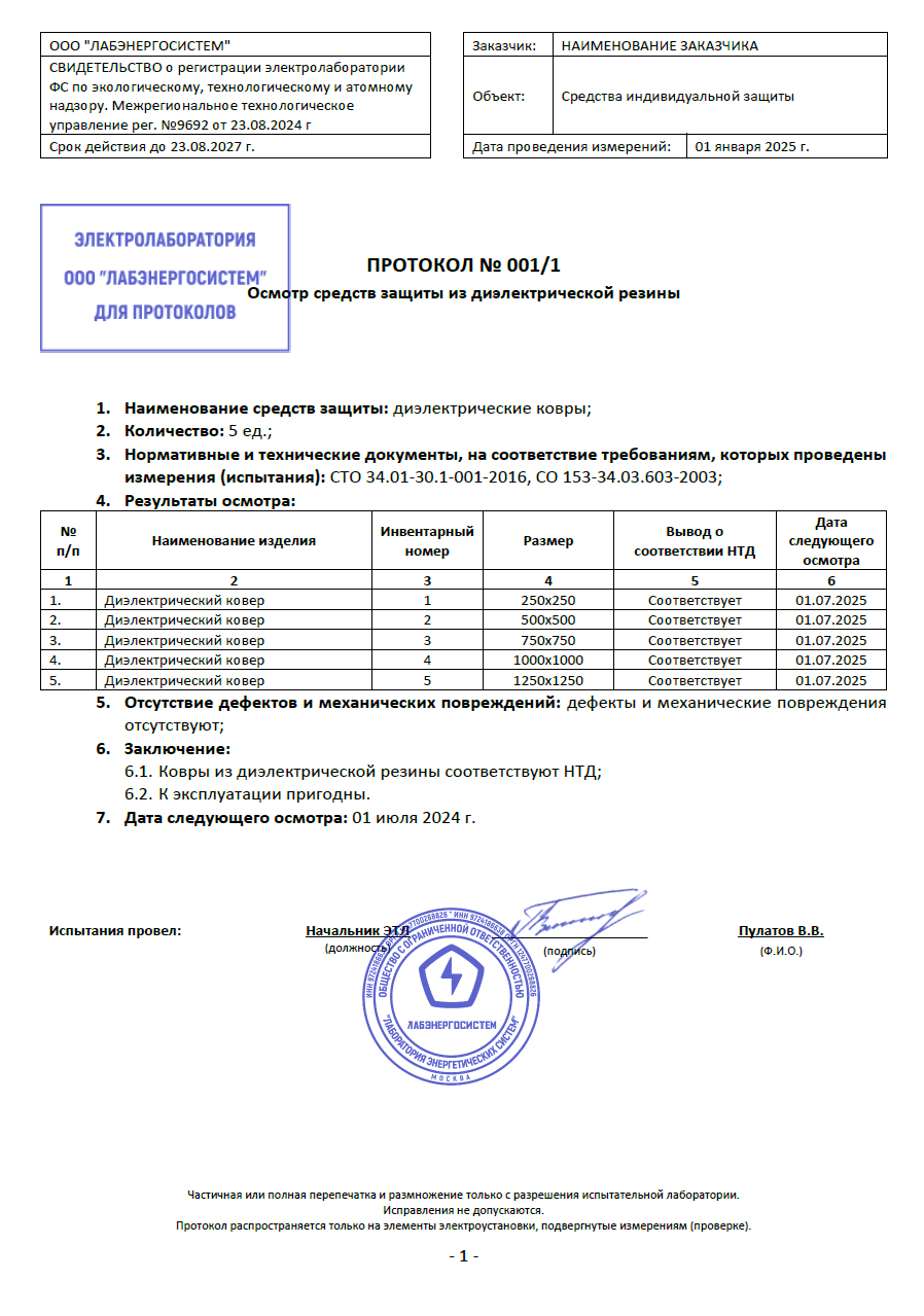 Документ Протокол визуального осмотра диэлектрических ковров